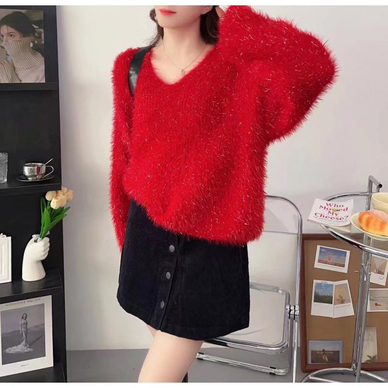 

Женский мягкий свитер с V-образным вырезом из искусственного флиса норки - осень/зима, свободный крой, яркий шелковый трикотаж One Size красный