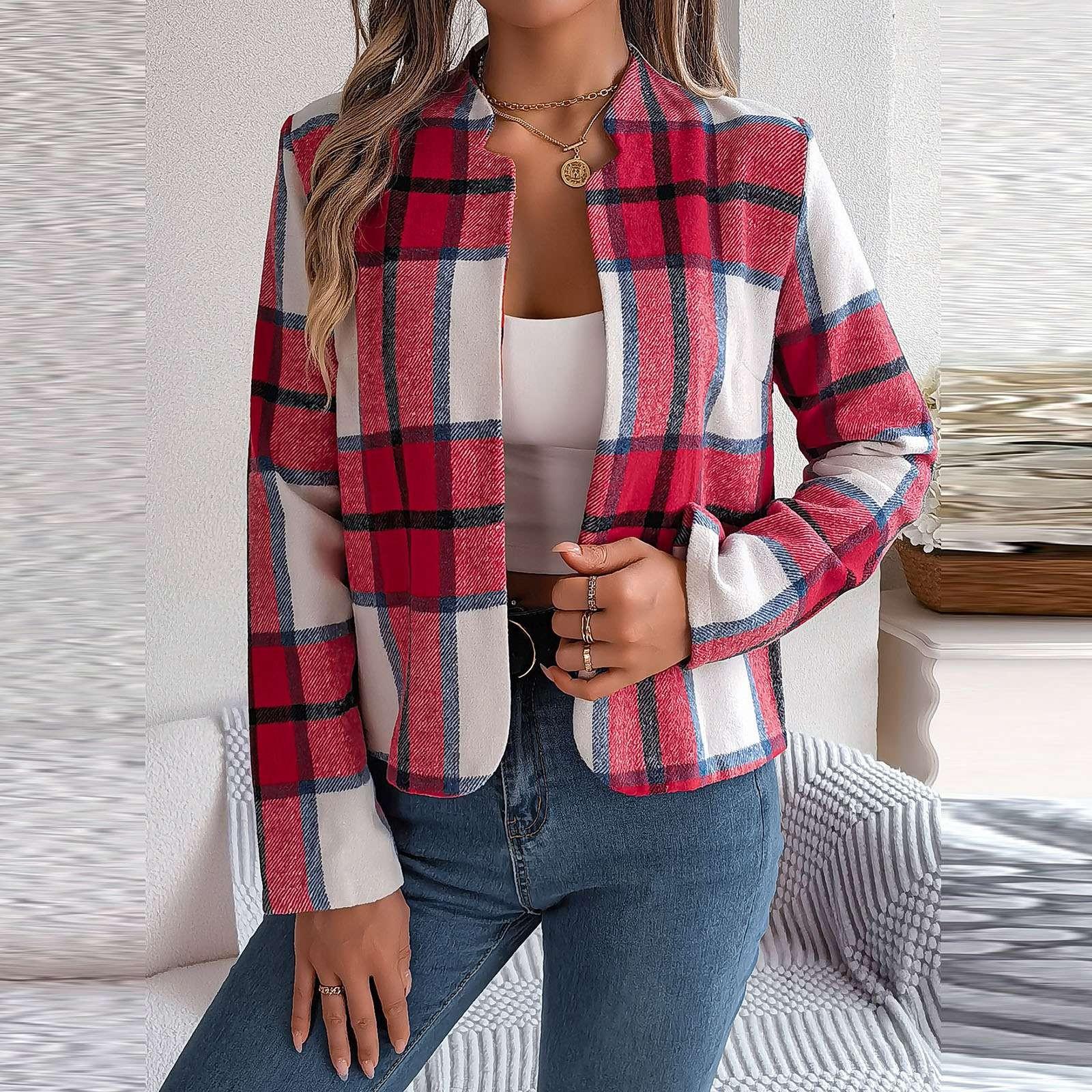 

Женская мода повседневная полосатая клетчатая твидовая куртка с длинным рукавом XL красный