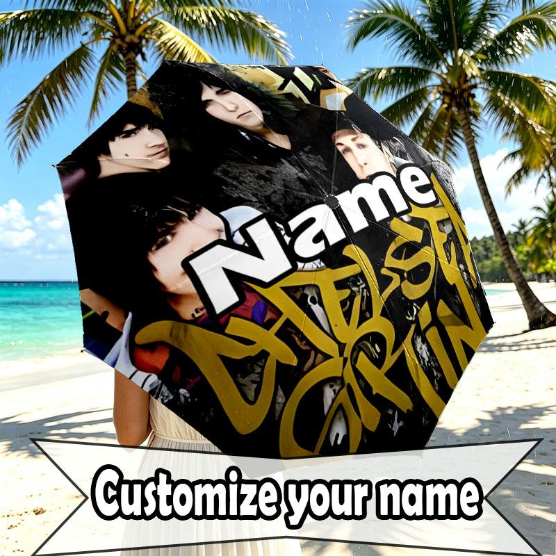 Custom Name Personalized Bring Me the Horizon Print Umbrella, Auto Open Close, 8‑Rib Sturdy Frame, Commute Camping Hiking Use, Birthday Gift