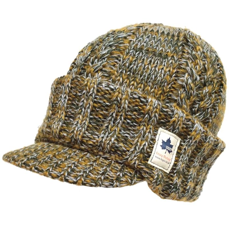 

[Happy Hat] knit hat Stretch slowly Deeper warm to the ears BIG knit casquette Khaki MIX 57cm-64cm With brim men s autumn/winter ladies 2way balaclava