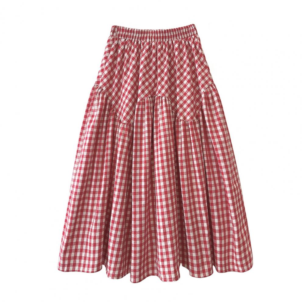 Women Midi Skirt Plaid Print Stitching Design A-Line Skirt Elastic High Waist Retro Style Swing Skirt Daily Wear