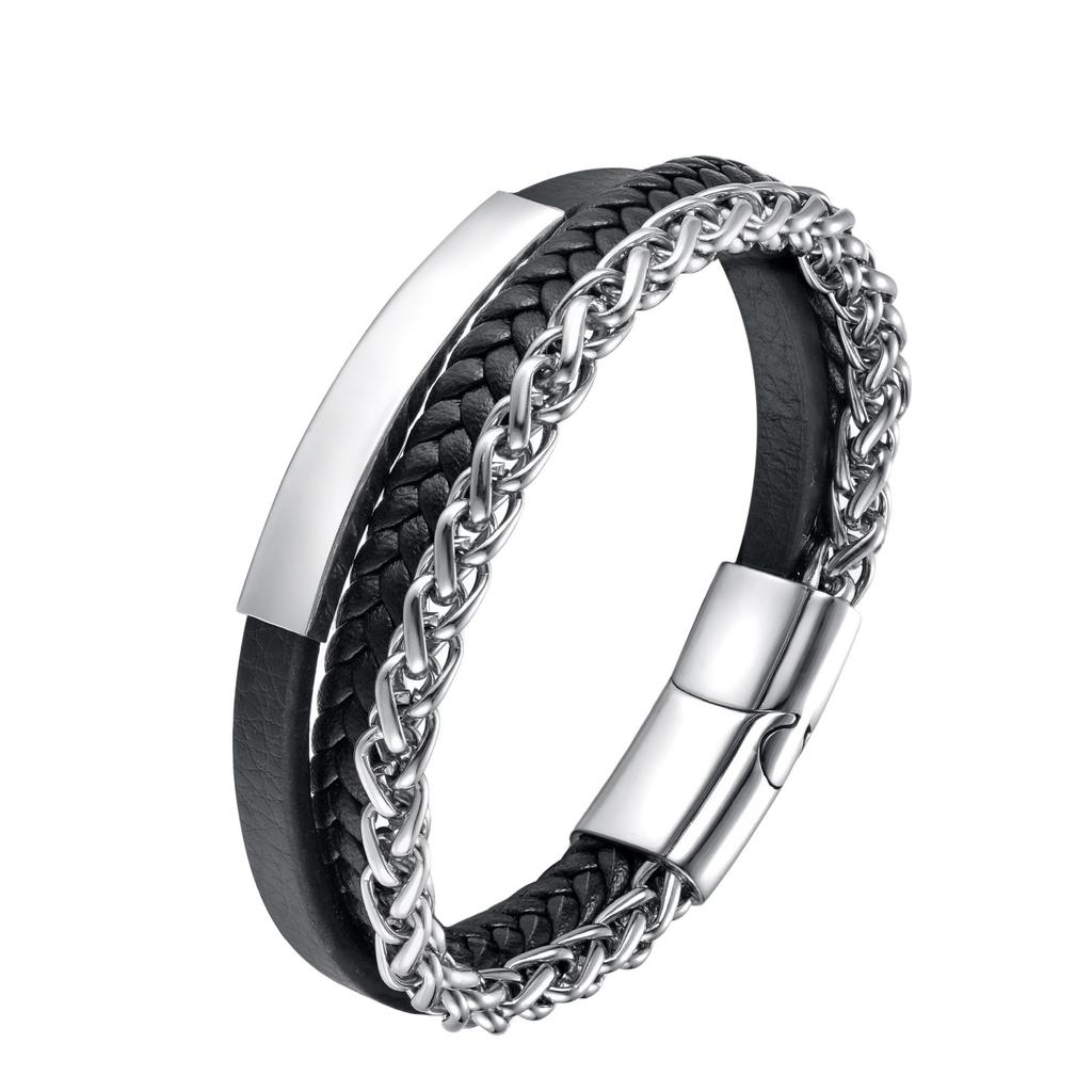 Men's Black Leather Bracelet Stainless Steel Double Layer Braided Wristband Fashion Handmade Cowhide Rope Jewelry Accessories