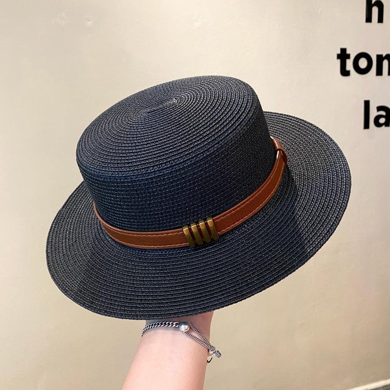 British Retro Women'S Straw Hat Spring/Summer Flat Top Sunscreen Beach Fashion Casual Black Jazz Style