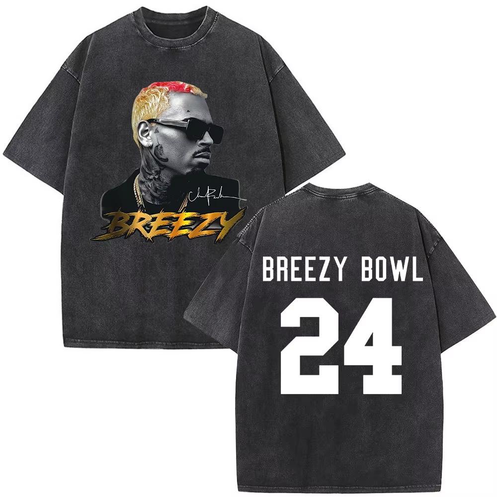 

Chris Brown Breezy Tshirt Breezy Bowl XX Tour Vintage Washed TShirts Mens Fashion Hip Hop Short Sleeve T Shirt Streetwear L