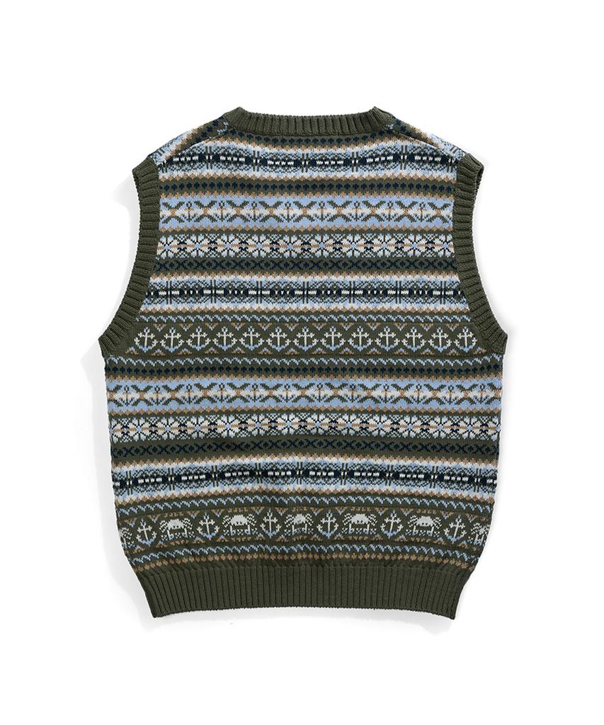 Geonjiulleunseu Grand Roque Fair Isle Cotton V-Neck Vest - Olive