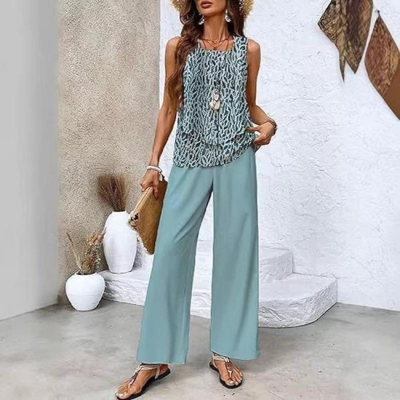 New spot European and American women's clothing hot-selling sleeveless double-layer vest pants set T-shirt