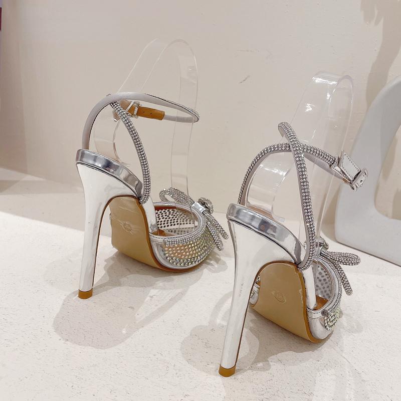 Glitzer Strass Design Luxus High-Heel Sandalen Damen Sommer PVC Klar Pumps Sexy Schleife KRISTALL Spitzschuh High Heels