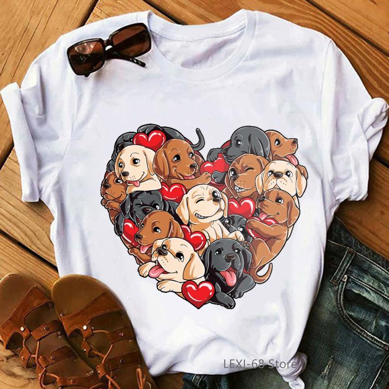 

Pug Dog Animal Print Tshirt Women Labrador Heart Valentines Day Gifts For Dog Lovers T Shirt Femme Funny Female T-Shirt Tops S білий