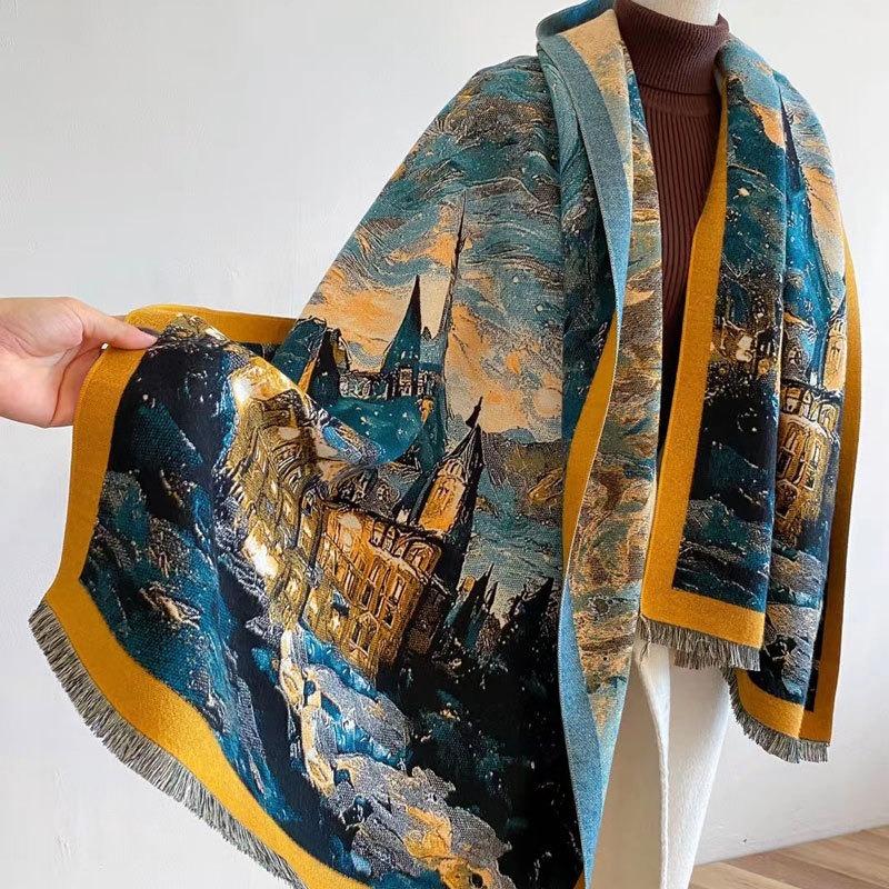 Autumn and winter new oil painting style double-sided jacquard scarf women's high-end sense versatile shawl scarf thickened warm scarf