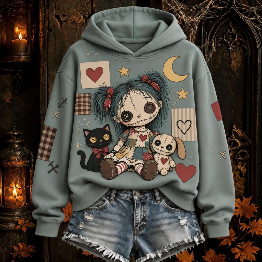 Women's Halloween Gothic Print Hooded Pullover Long Sleeve Sweatshirt