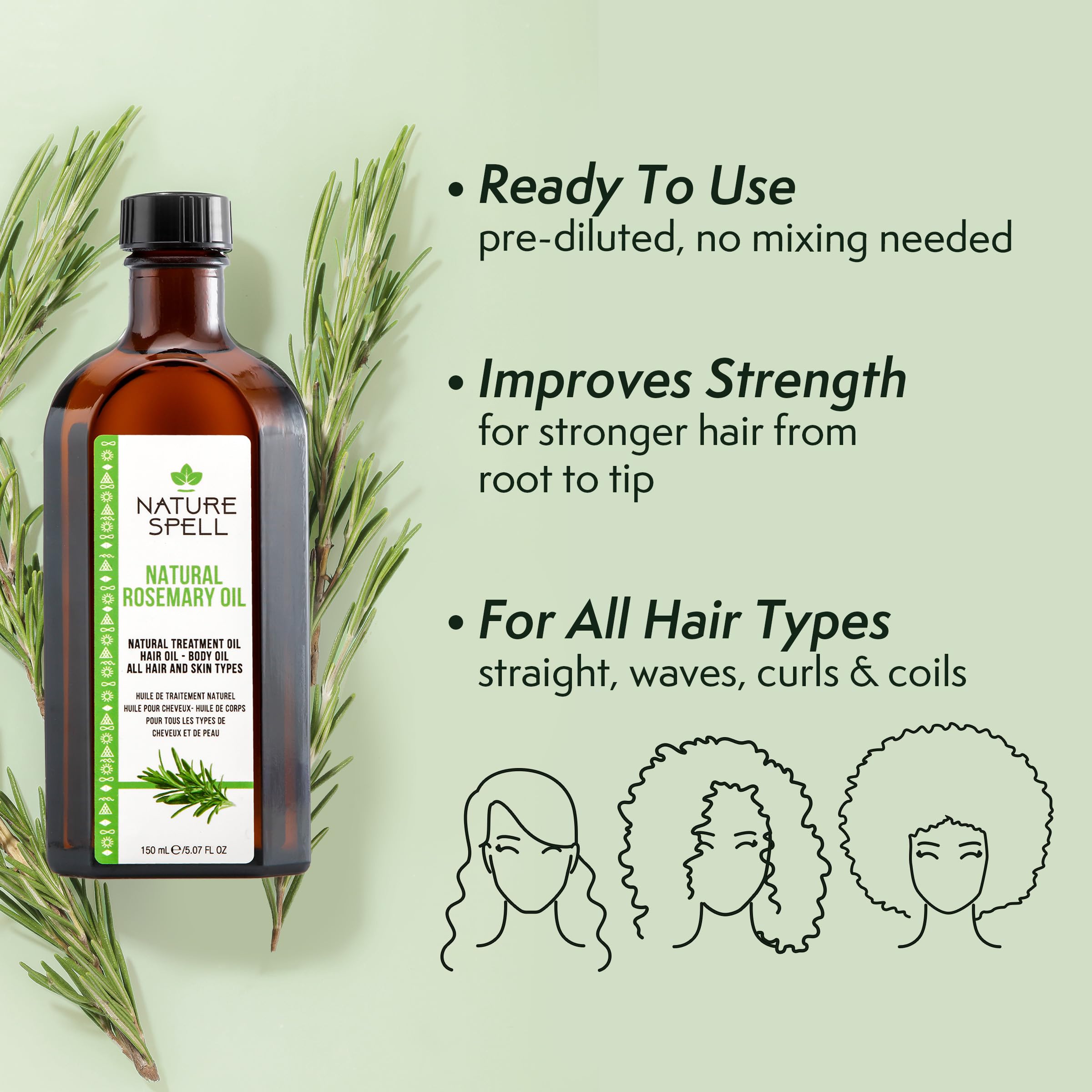 Nature Spell Rosemary Oil for Hair Growth, Pre-Diluted Scalp Oil, Stimulates Growth, Strengthens Dry and Damaged Strands, Nourishes Split Ends, Colo