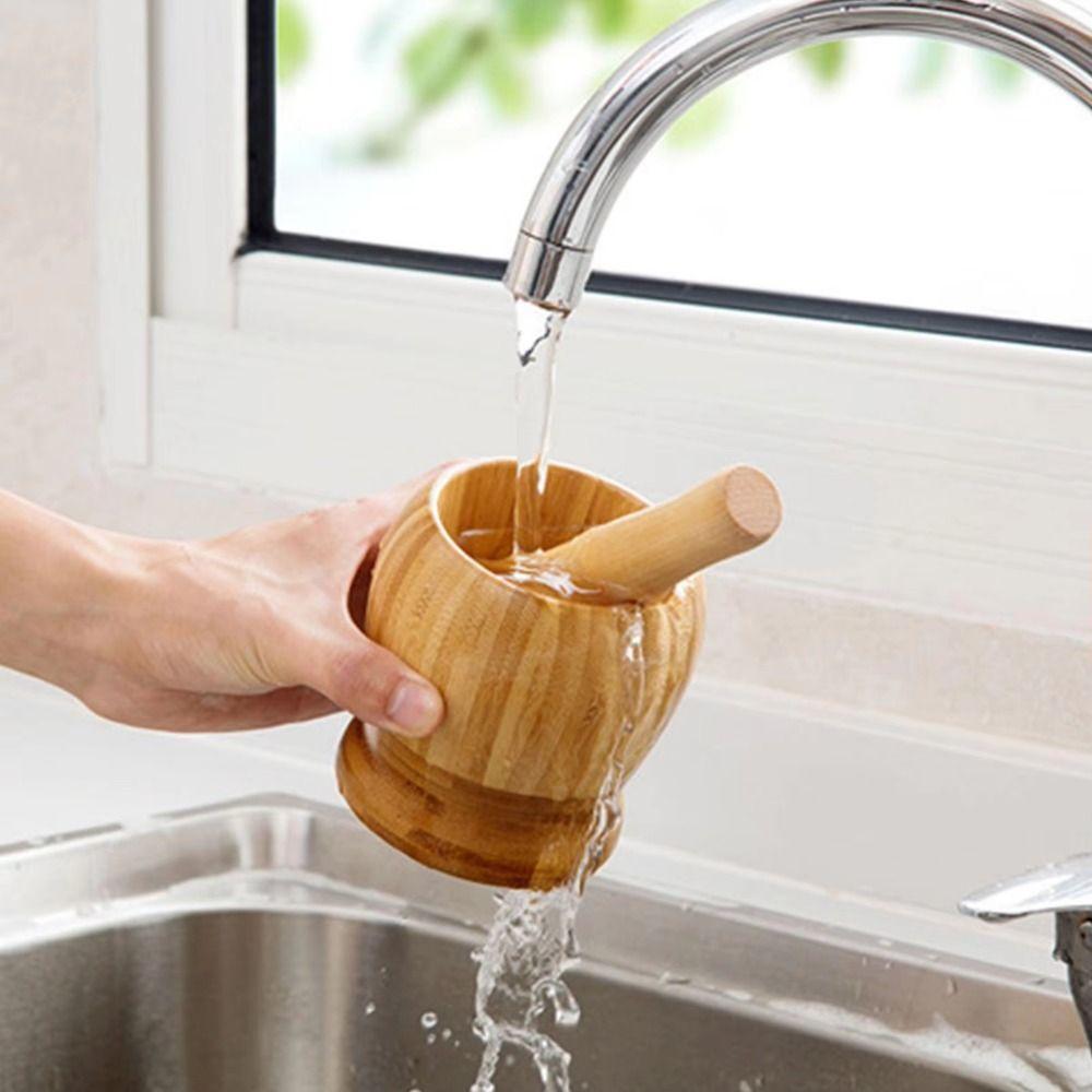 Splash-proof Manual Spice Crusher Premium Bamboo Garlic Masher Grinding Bowl with Lid  Home Kitchen