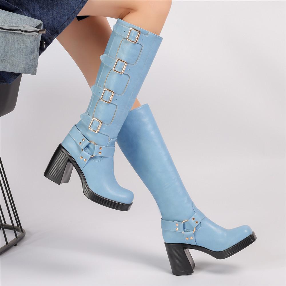 Fashion Ladies Motorcycle Booties Punk Style High Heel Shoes Autumn Winter Gothic Platforms Woman Buckle Square Toe Knee-High Boots