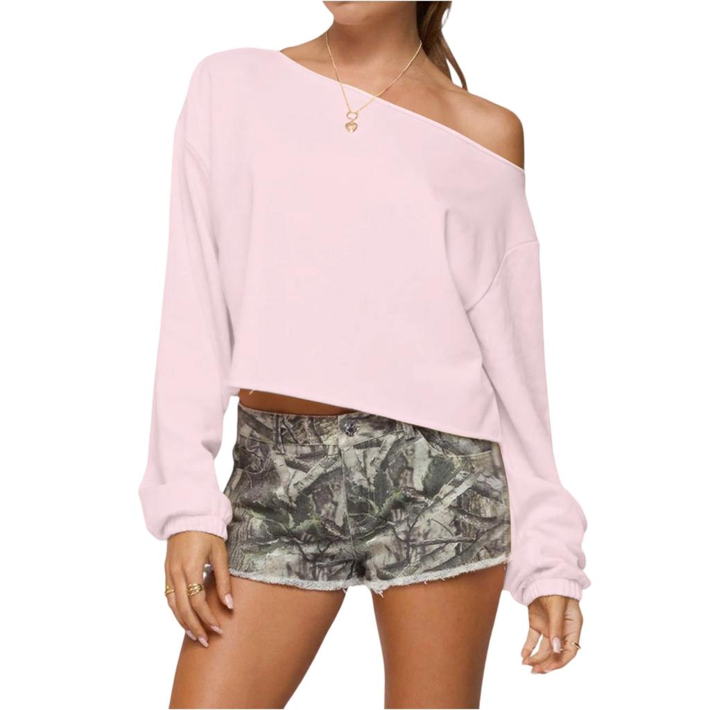 Women's Fashionable Casual Versatile Loose One-shoulder Pullover Women's Style Off-Shoulder Long-Sleeved Sweatshirt