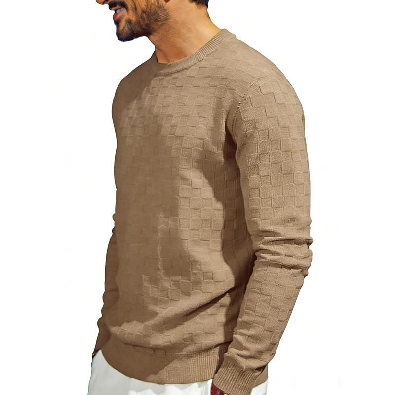Mens American Heavyweight Loose Casual Checkerboard Jacquard Crew Neck Long Sleeve Sweatshirt