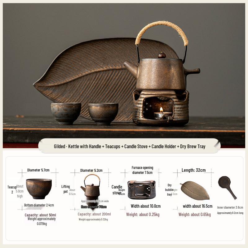 Retro Gilded Handle Teapot Warmer Set for Gongfu Tea with Teacups and Dry Brew Tray