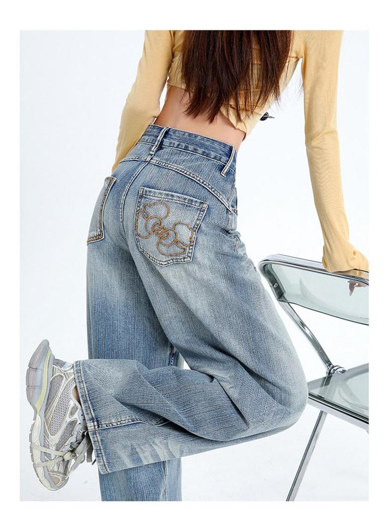 Women's Personalized Bamboo Pattern Light Blue Wide Leg Jeans - Trendy, Slimming, Loose Fit for Spring/Summer