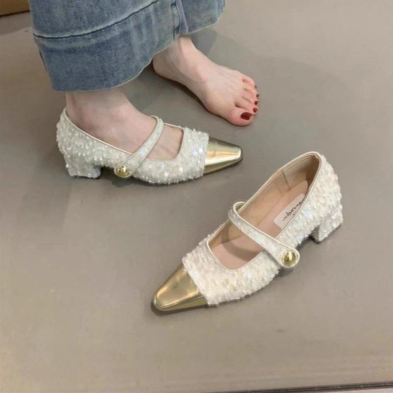 Fashion Fashion Square Toe Sequin Shoes Women 2025 New Summer Shallow Women Sandals Elegance Chunky Heels Banquet Women Shoes Q69