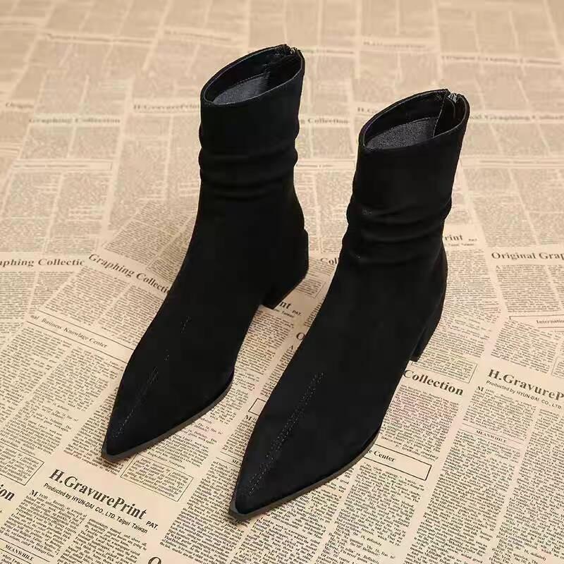 Módní Nové Dámské Kotníkové Boty s Špičatou Špičkou na Vysokém Podpatku Sexy Robustní Designové Chelsea Boty Elegantní Nízký Podpatek Krátké Kotníkové Boty