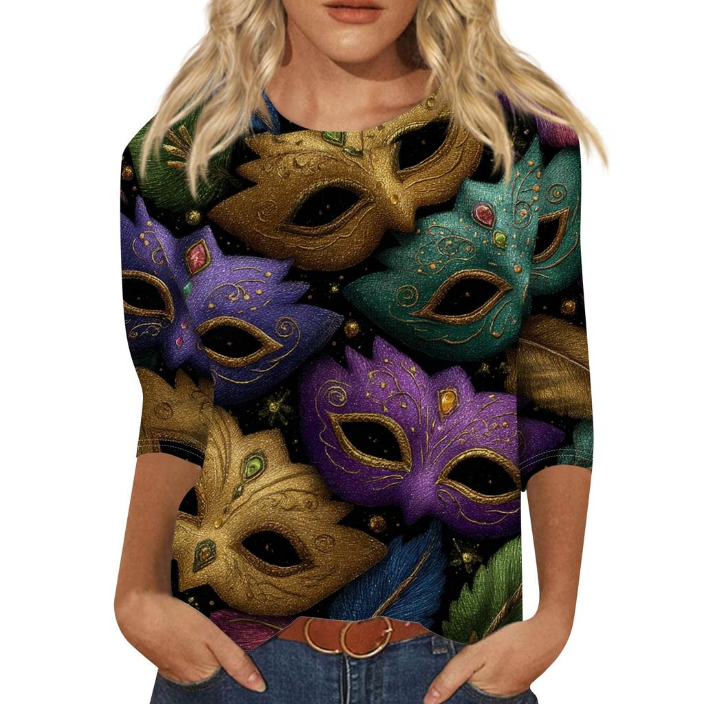 Top de Cuello con Estampado de Carnaval de Manga Tres Cuartos Casual y a la Moda para Mujer