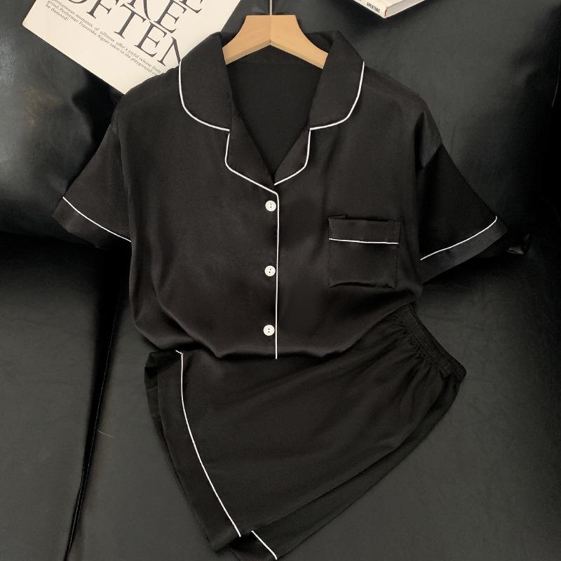Black High-End Temperament Pajamas Women'S Summer Ice Silk Short-Sleeved Loungewear Set