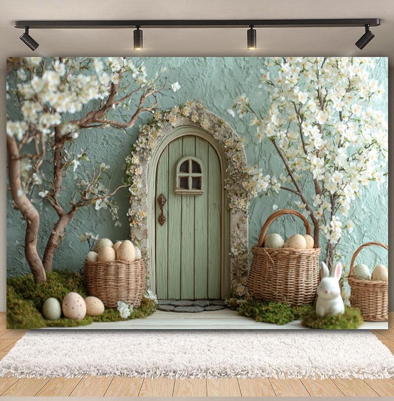 Spring Easter Photography Background Wood House Rabbit Eggs White Flower Kid Birthday Portrait Family Party Decor Photo Backdrop