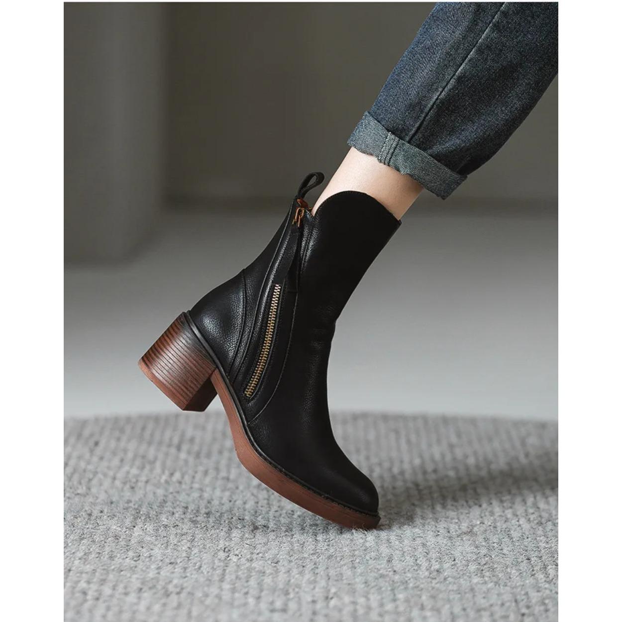 

Винтажные полусапоги до середины икры с боковой молнией - Новые европейские модные ботильоны на массивном каблуке для женщин 40 чёрный