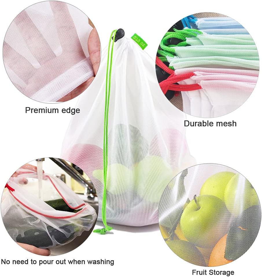 Kitchen Reusable Mesh Produce Bags with Drawstring Closure Set Storage Bag