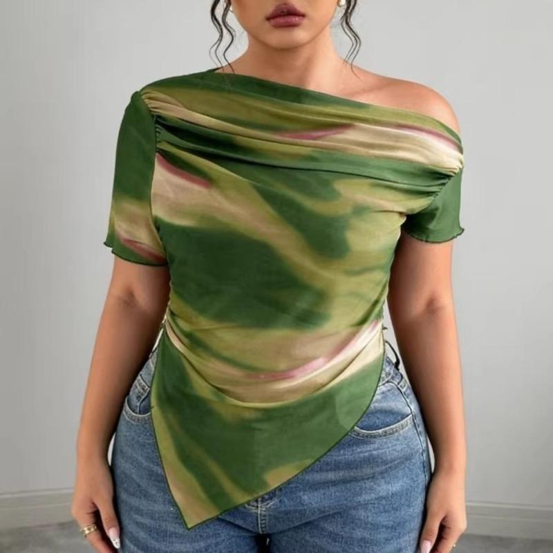 

Autumn Print Sexy Sloping Shoulder Slim Short Sleeves 2XL зелёный
