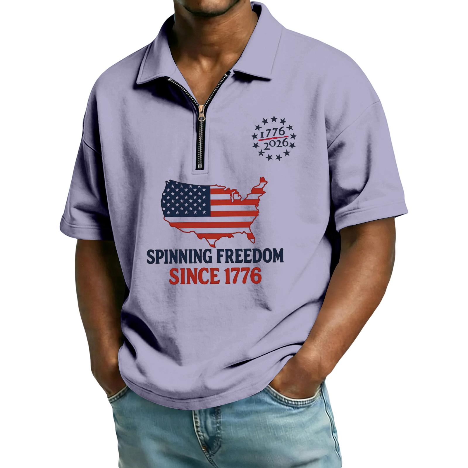 

Men s Casual Loose American Independence Day Printed T-shirt Lapel Short Sleeve Daily Tops XXXL фіолетовий