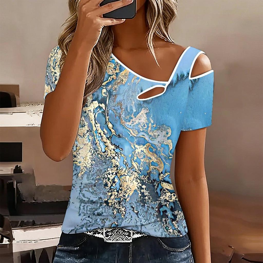 Women Gilded Fluid Print Cold Shoulder Short Sleeve T Shirt Irregular Cutout Neck Casual Summer Blouse Top
