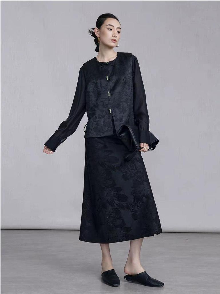 Women's Mid-Length Jacquard Silk Skirt - New Chinese Style for Autumn/Winter