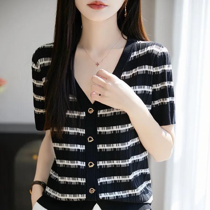 Summer New All Match Striped Knitted Short Sleeve Women's Half Sleeve Knitted Shirt Fashion V-neck Striped Popularity Top