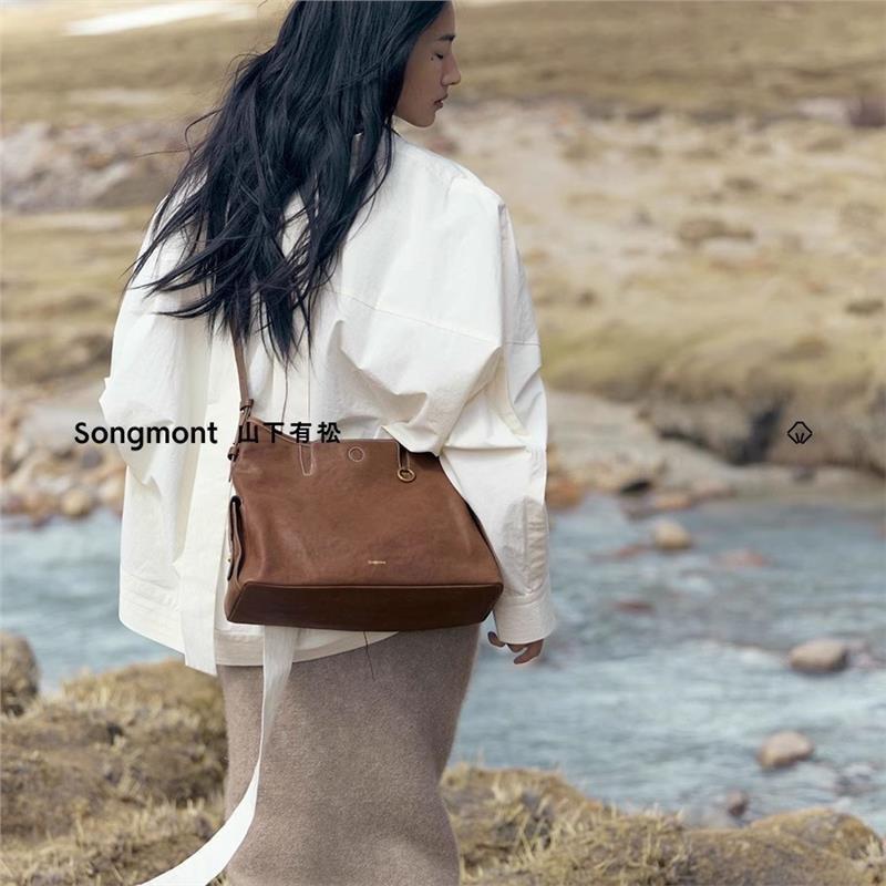 Stylish Songmont Hobo Bag In Smoke Black And Sand Brown With Genuine Leather Design