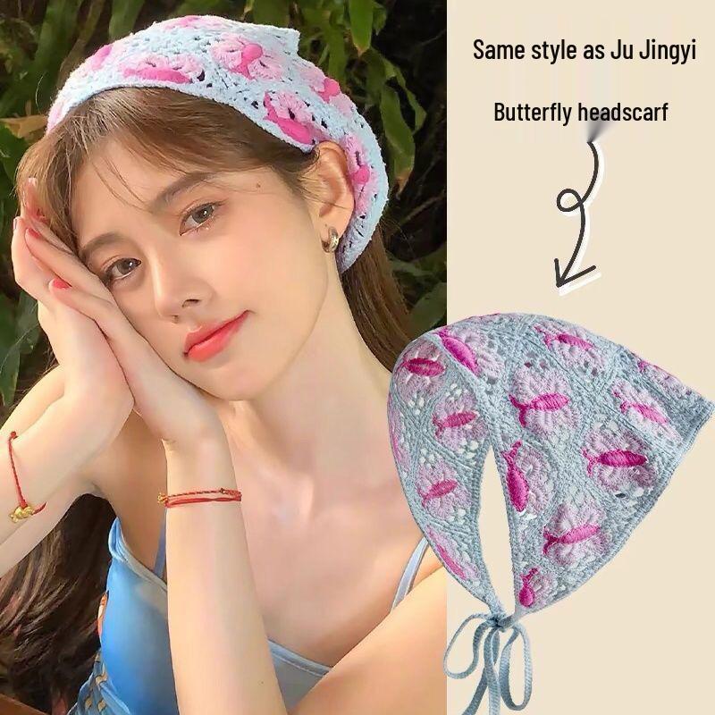 Korean Style Knitted Crochet Triangle Scarf: Women's Sweet Flower Headscarf Hat
