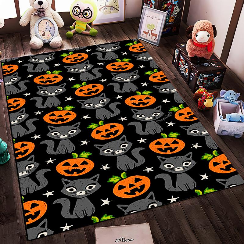 Halloween Black Cat and Pumpkin Pattern Carpet with Stars On Black Background Suitable for Use As an Anti-slip for Room and Bedroom Sofas