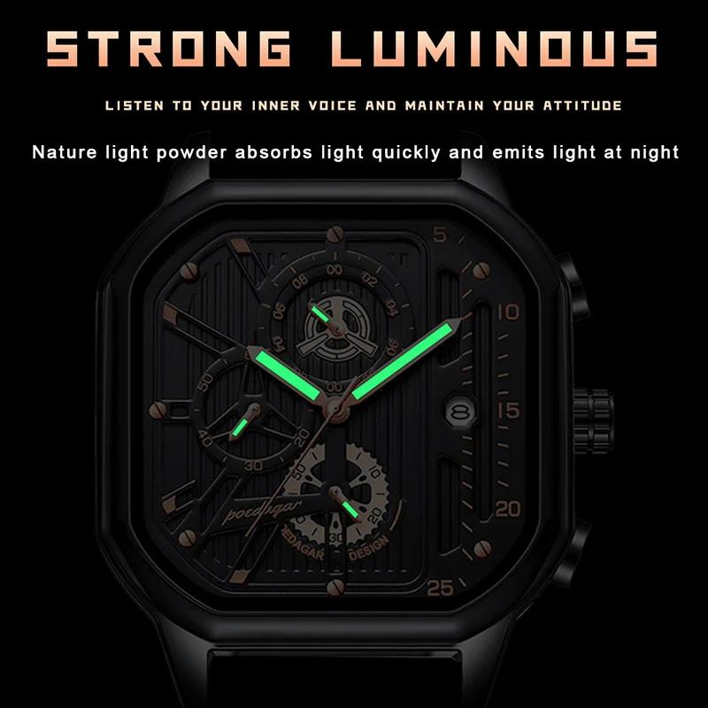 POEDAGAR Multifunction Chronograph Watches Men Sports Style Square Stainless Steel Waterproof Quartz Wristwatches Calendar Clock