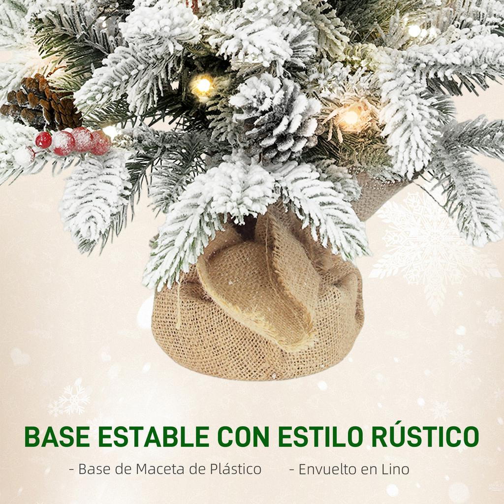 Artificial Mini Christmas Tree, 60 cm, 35 LED Lights, 182 Branches, Snow, Burlap Base