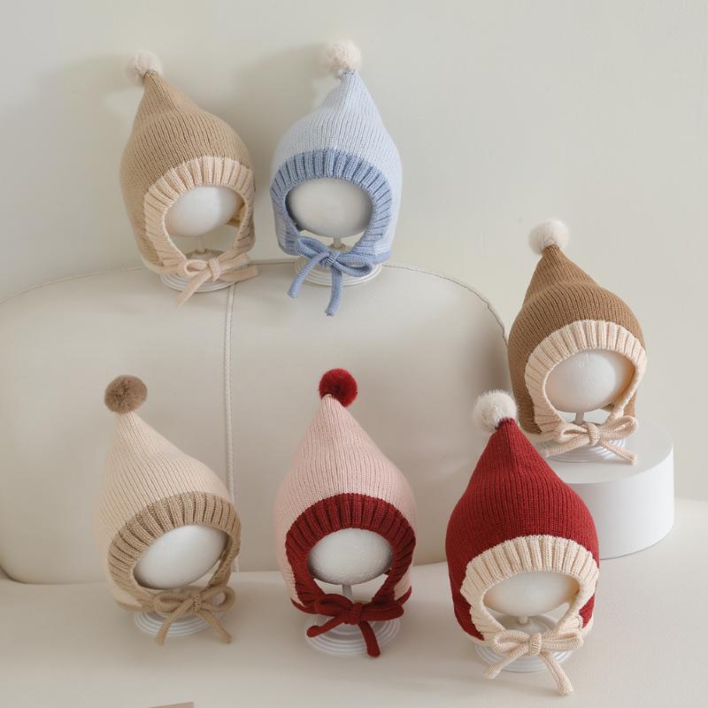 Cute Pompom Winter Thicken Warm Baby Hat Infant Toddler Cap Beanies Soft Knitted Baby Boys Girls Lacing Hat Bonnet Christmas