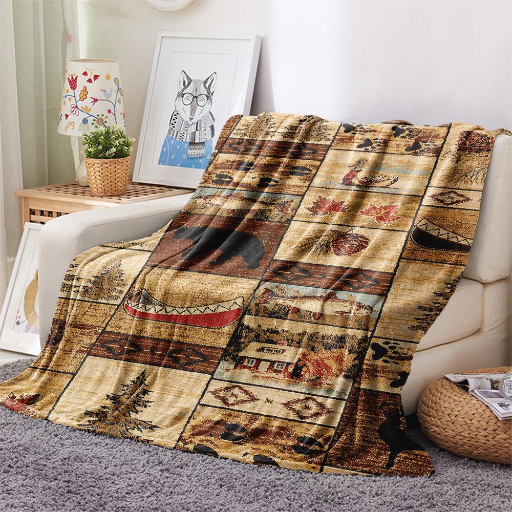 1Pc Cabin Bear Print Flannel Blanket, High Quality Comfortable for All Seasons, Home Decor, Warmth and Comfort, Perfect for Gifts