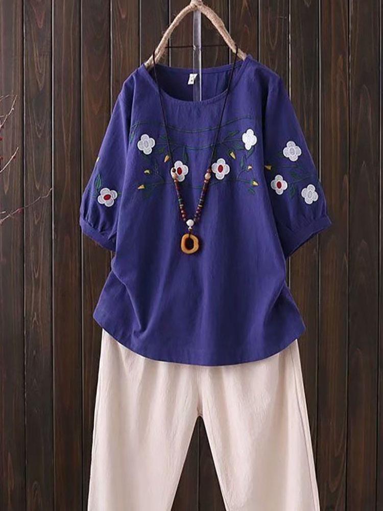 Cotton and Linen Embroidered T-shirt for Women, Summer New Style, Large Size, Loose Short-sleeved Top