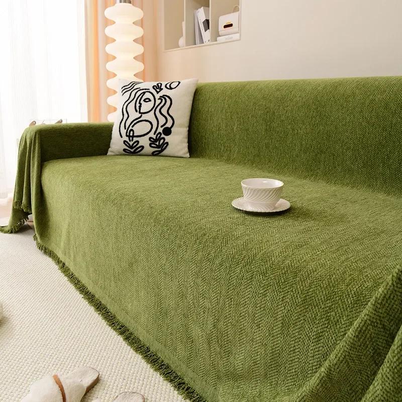 High Quality Waterproof Chenille Sofa Cover Cloth Green Striped Sofa Cushion Four Season Universal 3  Seat All Inclusive Blanket