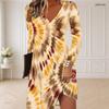 Women Plus Size V Neck Long Sleeve Abstract Printed Curved Hem Dress