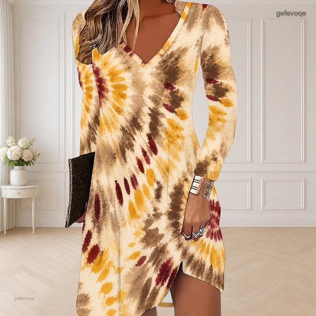 Women Plus Size V Neck Long Sleeve Abstract Printed Curved Hem Dress
