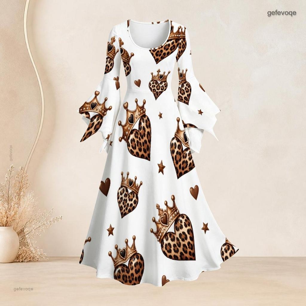 Women Plus Size Round Neck Bell Sleeve Leopard Sport Ball Print White Maxi Dress
