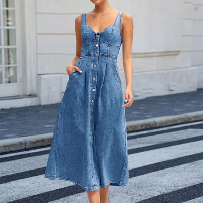 Denim Dress for Women Summer Casual Sleeveless Midi Dress with Pockets Button Down A-Line