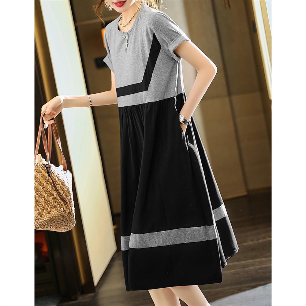 

Корейская мода лето новое женское О-образный вырез полосатый контрастный цвет темперамент универсальный свободный короткий рукав А-силуэта миди платье XXXL серый