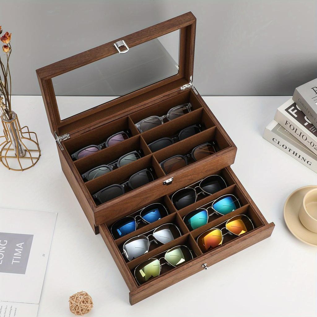 1pc 2 layers 12 grids Sunglasses wooden Storage Box with transparent Flip,Good quality,suitable for sunglasses display,organizer,collection.