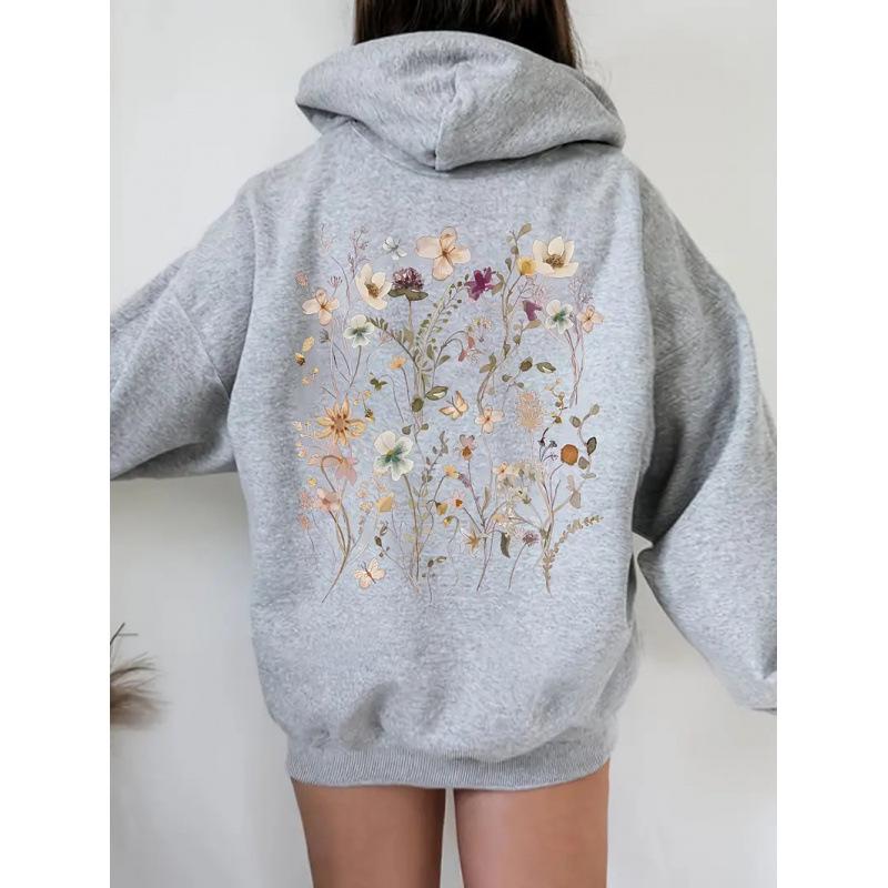 2025 Trendy Floral Print Casual Loose Pullover Plus Size Hoodie Sweater