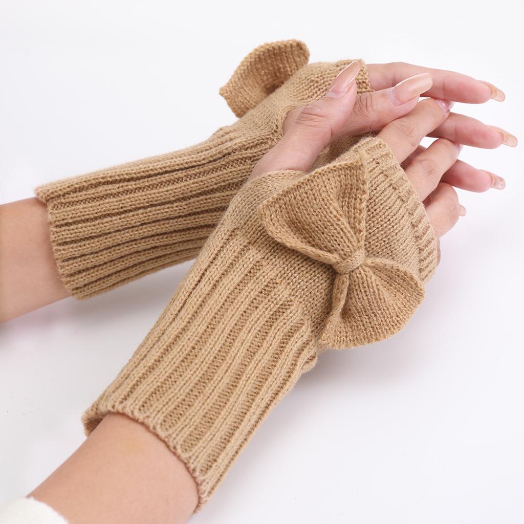 Warme und stilvolle Damen-Halbfinger-Strickhandschuhe mit Schleifendekor für Outdoor-Sportarten wie Skifahren und Radfahren